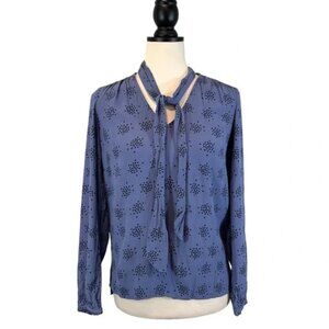 Boden CARLA Top Blue Tie Neck Long Sleeve Print, Size 2
